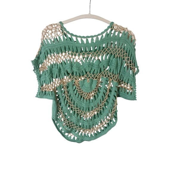 Urban Outfitters Boho Crochet Top Green Tan Open Knit Festival Beach One Size - Picture 2 of 6